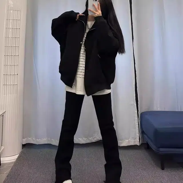 大格子与黑猫 美式复古黑色外套春秋季翻领小众宽松休闲飞行上衣夹克 男女同款