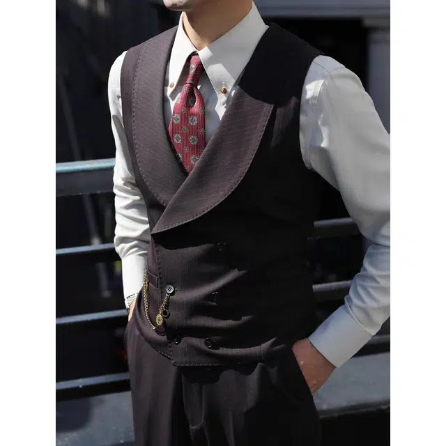 大格子与黑猫 英伦复古青果领双排扣新郎结婚婚礼 雅痞绅士条纹修身西装领 马甲 男款