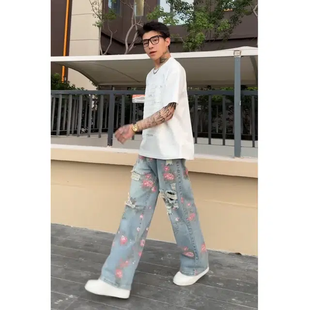 大格子与黑猫 玫瑰花卉破洞裤男夏季美式高街阔腿直筒裤小众设计感薄款裤子牛仔裤 男款