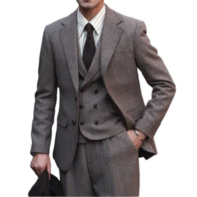 大格子与黑猫 复古英伦雅痞咖啡色浴血黑帮风羊毛粗花呢人字纹休闲修身外套西装 男款