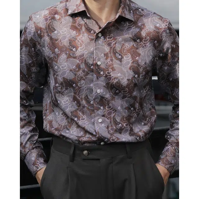 大格子与黑猫 复古英伦日常修身休闲文艺雅痞怀旧腰果花免烫抗皱长袖花衬衫 男款