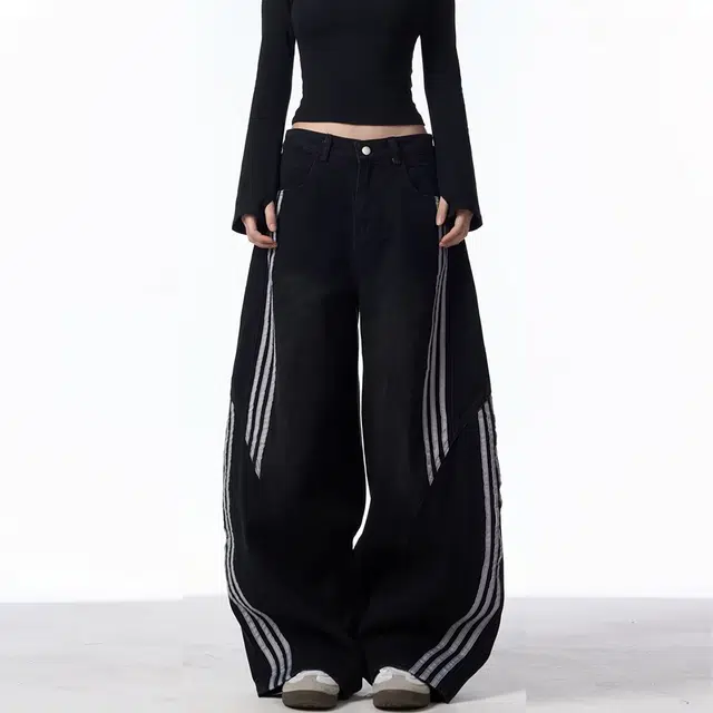 一碗士多 美式复古高街风设计感条纹阔腿长裤潮牌款式牛仔裤 男女同款