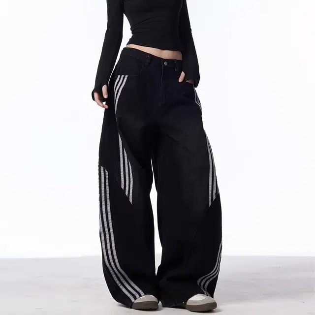 一碗士多 美式复古高街风设计感条纹阔腿长裤潮牌款式牛仔裤 男女同款