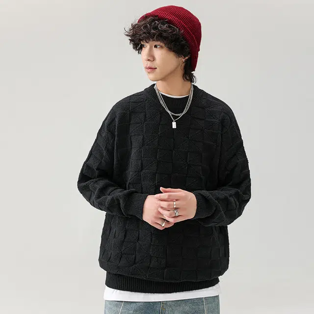 多风格简约宽松纯色格子圆领百搭保暖长袖服饰毛衣 男女同款