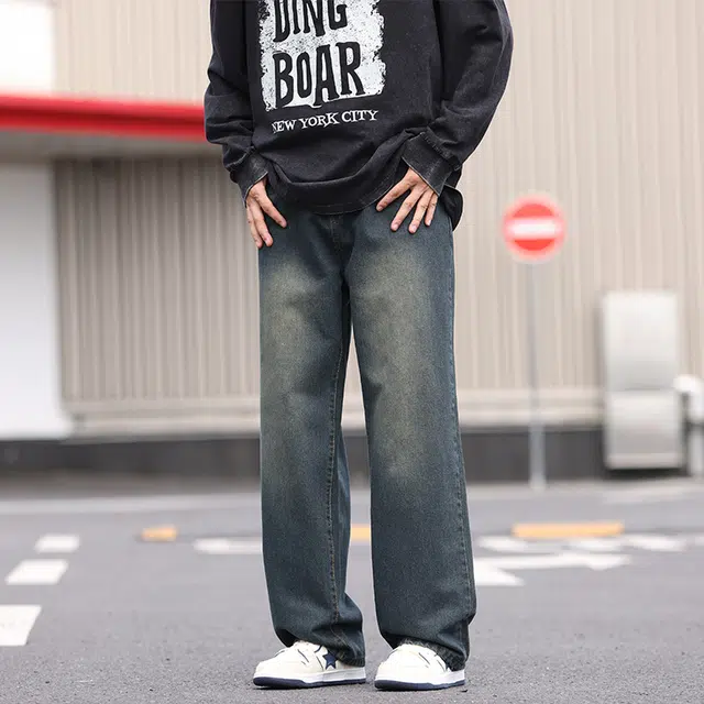 寻星记 美式复古水洗做旧渐变直筒高街风休闲宽松透气百搭牛仔裤 男女同款