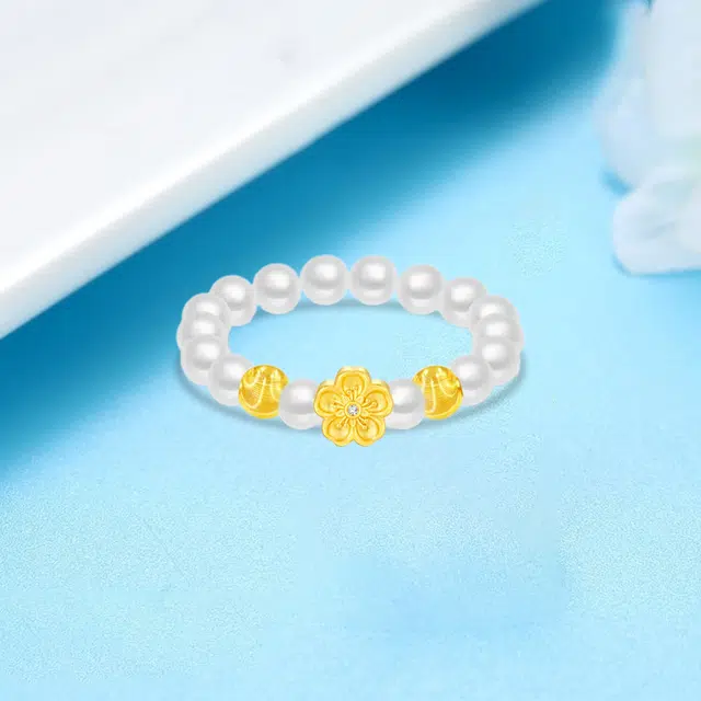 金嘉福 福运桃花 闪耀镶嵌钻浪漫精致创意百搭时尚小众设计花卉贝珠优雅高级感 串珠戒#好运 足金 一口价 戒指 女款