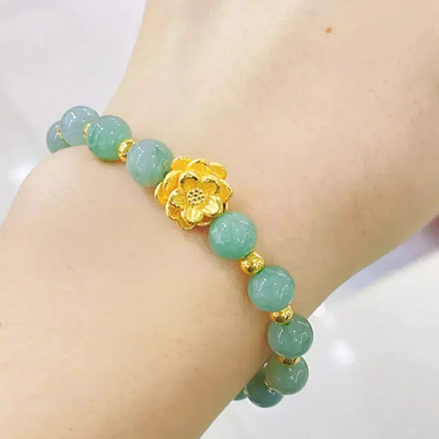 金嘉福 好运莲莲绿玛瑙串珠链 本命年转运珠吉祥守福 莲花简约百搭传承金 足金 一口价 黄金手串 女款 礼盒