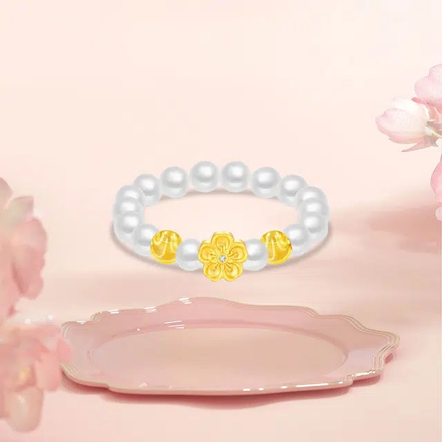 金嘉福 福运桃花 闪耀镶嵌钻浪漫精致创意百搭时尚小众设计花卉贝珠优雅高级感 串珠戒#好运 足金 一口价 戒指 女款