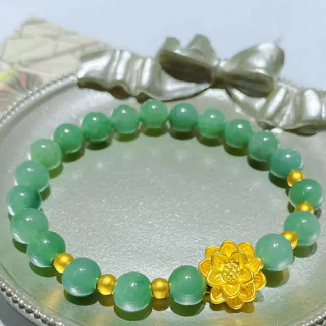 金嘉福 好运莲莲绿玛瑙串珠链 本命年转运珠吉祥守福 莲花简约百搭传承金 足金 一口价 黄金手串 女款 礼盒