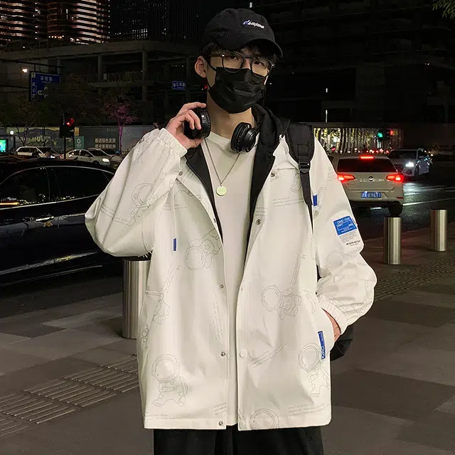 费尔岛上的猫 美式高街风假两件连帽宽松休闲长袖潮流单品夹克 男女同款