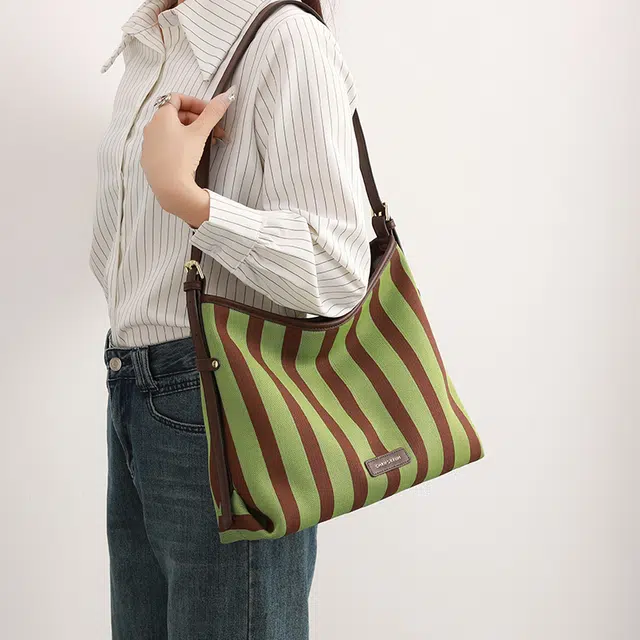 恒源祥 小众条纹个性经典气质时尚潮流潮酷高贵典雅优雅脱俗清新经典大气 帆布 帆布包单肩包 女款 绿色