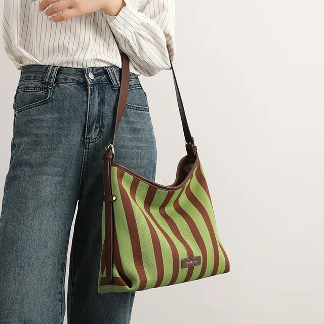 恒源祥 小众条纹个性经典气质时尚潮流潮酷高贵典雅优雅脱俗清新经典大气 帆布 帆布包单肩包 女款 绿色