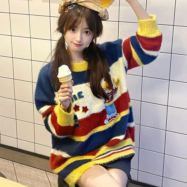 困住大象 宽松软糯慵懒针织衫 女款 彩色条纹