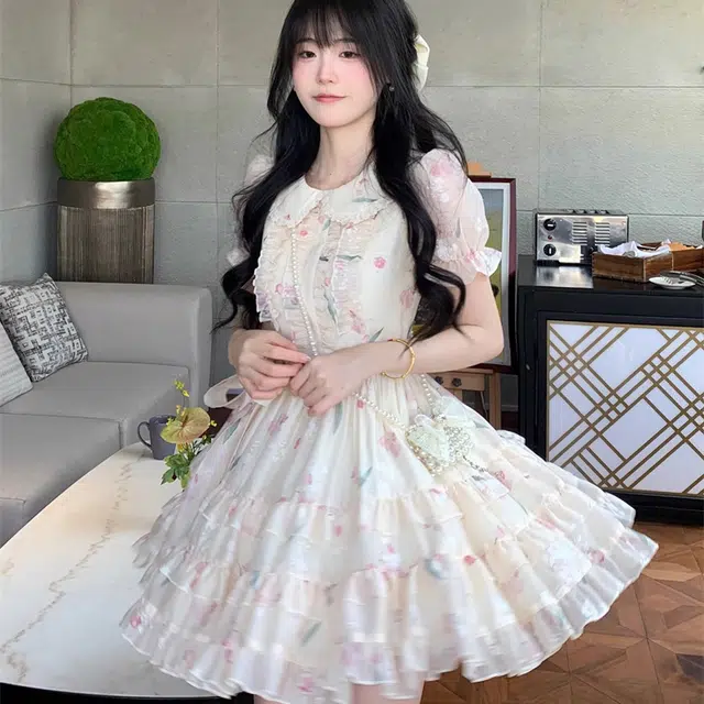 花蔓色 甜美碎花娃娃领短款时尚设计款式短袖连衣裙 女款