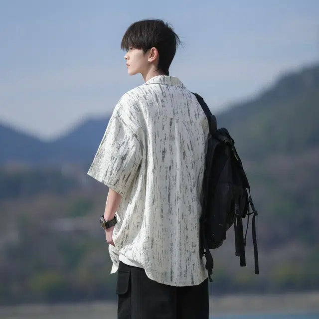 费尔岛上的猫 多风格宽松舒适百搭扎染翻领休闲短袖衬衫 男款