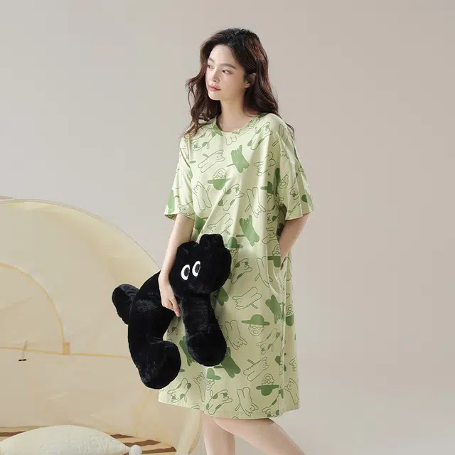 怡吾色 清新印花家居服圆领舒适套头短袖睡裙 女款