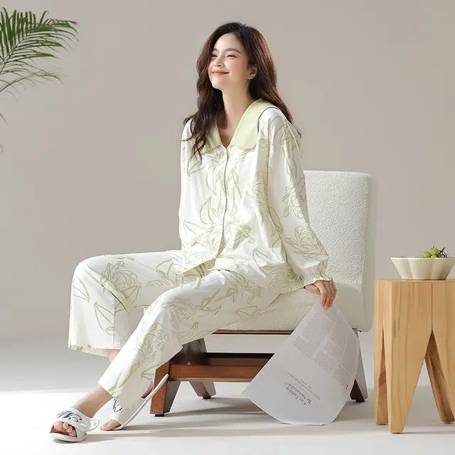 怡吾色 防螨抗菌新疆棉长袖睡衣家居服法式印花可外穿家居套装甜美睡裙套装 女款