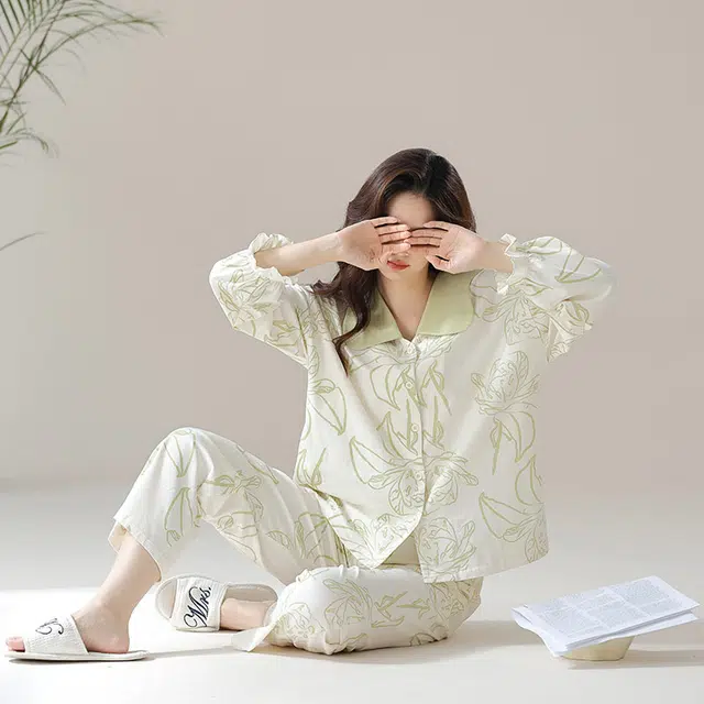 怡吾色 防螨抗菌新疆棉长袖睡衣家居服法式印花可外穿家居套装甜美睡裙套装 女款