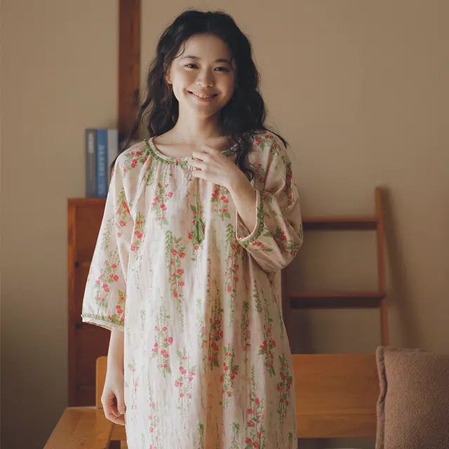 怡吾色 甜美家居服简约清新五分袖睡裙 女款