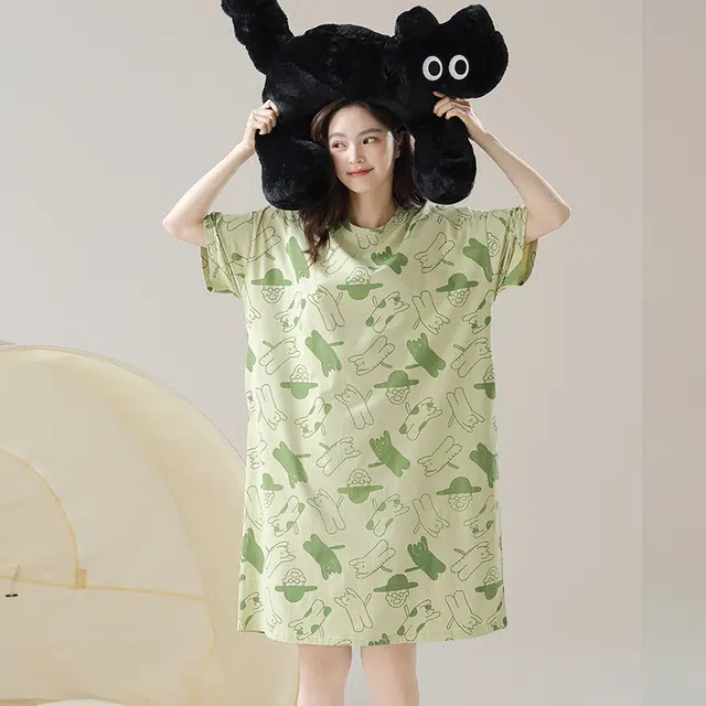 怡吾色 清新印花家居服圆领舒适套头短袖睡裙 女款