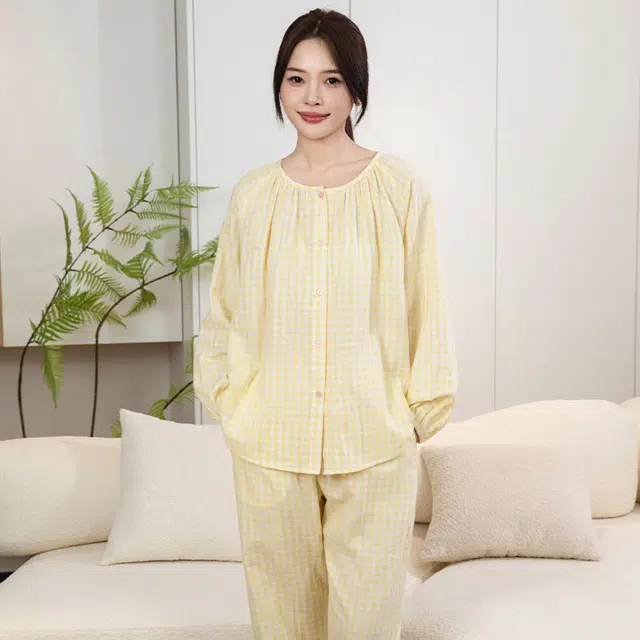 怡吾色 糖果系列 双层纱圆领家居服清新小格纹睡衣套装 女款
