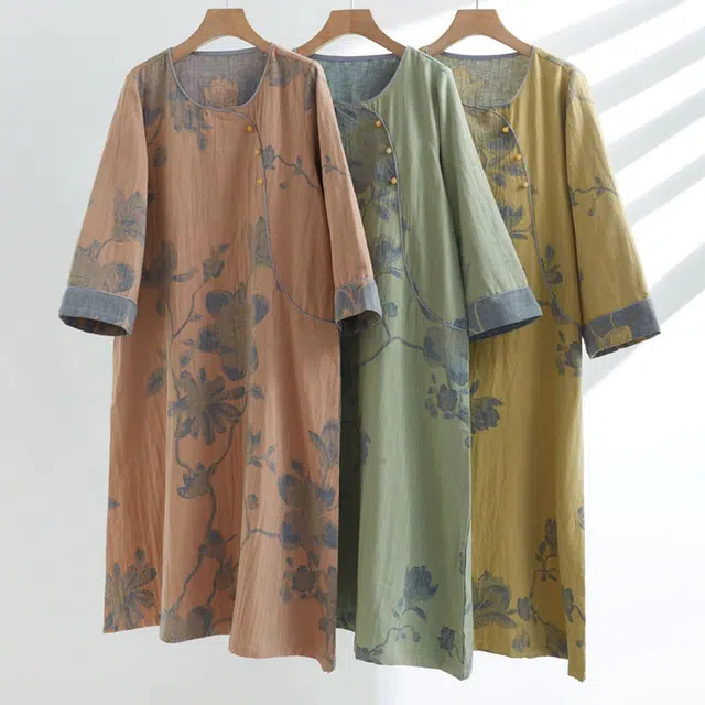 怡吾色 新中式纯棉国花系列家居服睡裙 文艺风中袖可外穿睡衣 女款内衣 女款