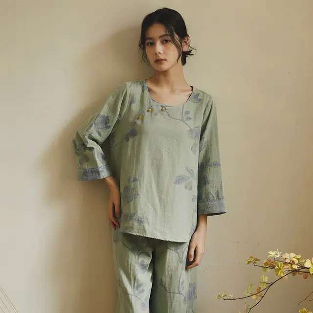 怡吾色 新中式纯棉家居套装 文艺风可外穿睡衣 女款 两件套