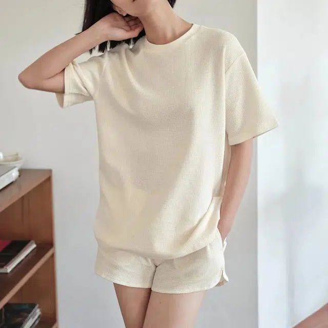 怡吾色 华夫格系列休闲棉纯色短袖短裤套装 简约清新可外穿家居套装 女款 多色