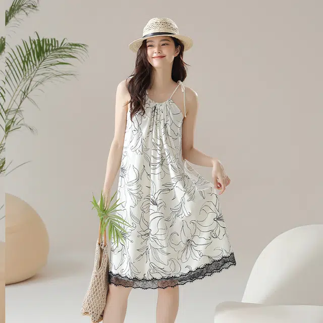怡吾色 家居服简约舒适植物花卉无袖睡裙 女款 牙白色