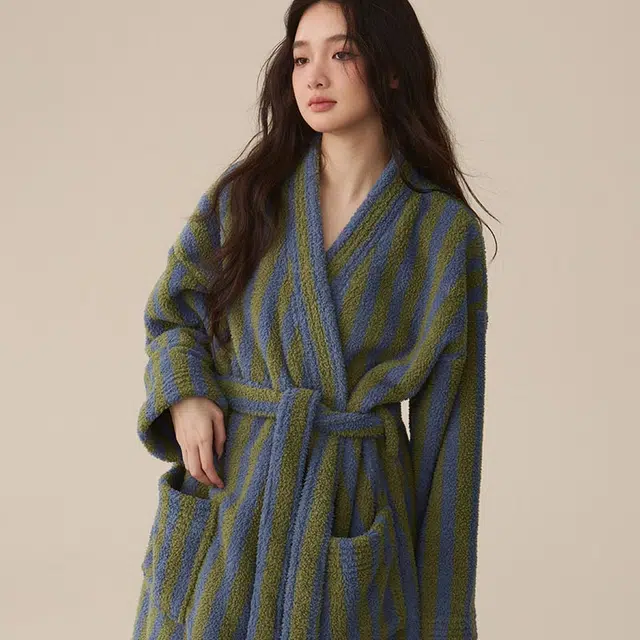 怡吾色 加厚撞色条纹休闲亲肤家居简约中长款睡衣套装 男女同款