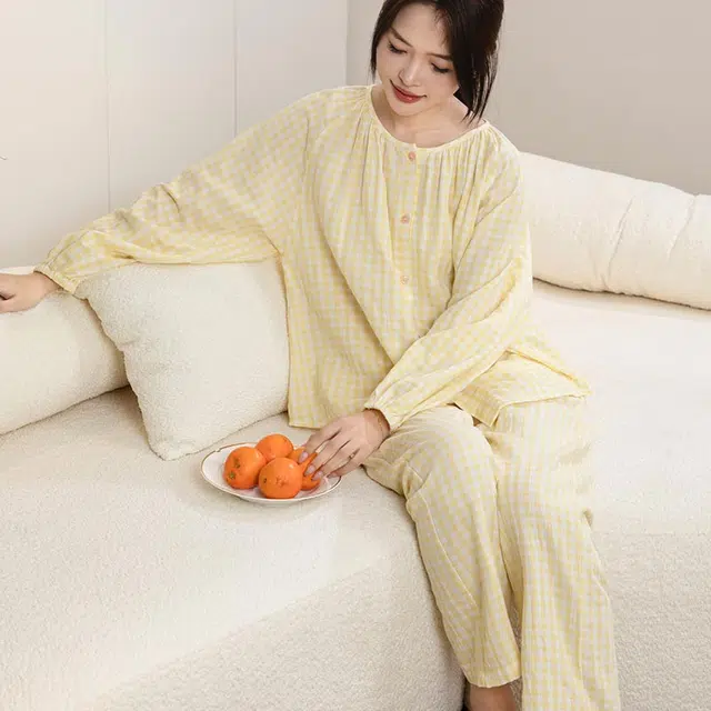 怡吾色 糖果系列 双层纱圆领家居服清新小格纹睡衣套装 女款