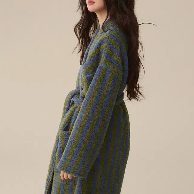 怡吾色 加厚撞色条纹休闲亲肤家居简约中长款睡衣套装 男女同款