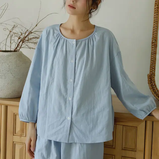 怡吾色 柔软亲肤双层纱纯色简约长袖长裤可外穿睡衣套装 女款