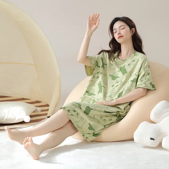 怡吾色 清新印花家居服圆领舒适套头短袖睡裙 女款