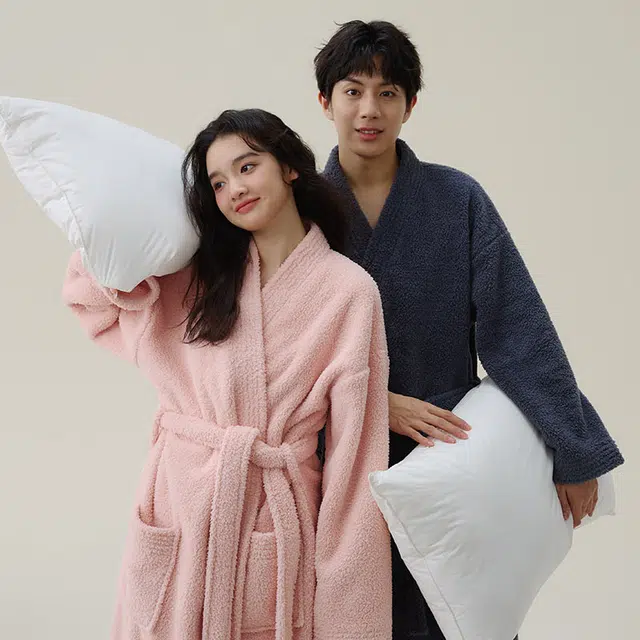 怡吾色 米粒绒中长款纯色睡袍长裤家居服简约睡衣套装 男女同款