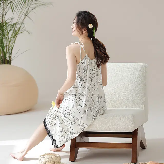 怡吾色 家居服简约舒适植物花卉无袖睡裙 女款 牙白色