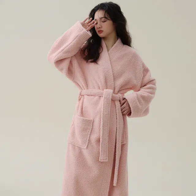 怡吾色 米粒绒中长款纯色睡袍长裤家居服简约睡衣套装 男女同款