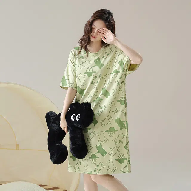 怡吾色 清新印花家居服圆领舒适套头短袖睡裙 女款