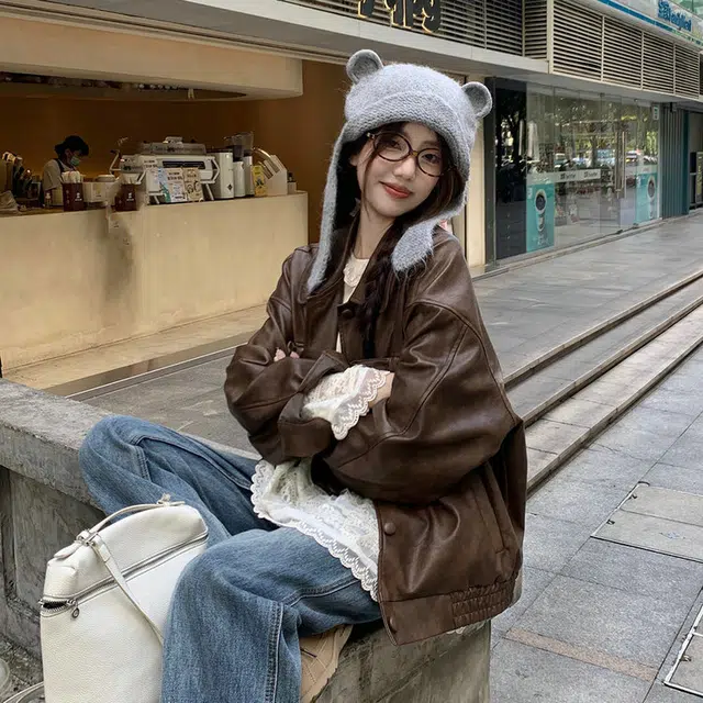 涂诗菲 美式复古翻领蝴蝶结长袖皮衣宽松时尚机车夹克外套 女款