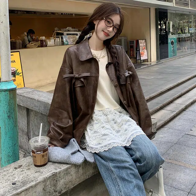 涂诗菲 美式复古翻领蝴蝶结长袖皮衣宽松时尚机车夹克外套 女款