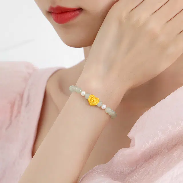 醉倾城 心悦玫瑰 爱心玫瑰珍珠转运珠 足金 和田玉手串 女款 青白玉