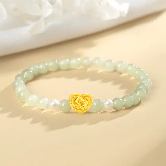醉倾城 心悦玫瑰 爱心玫瑰珍珠转运珠 足金 和田玉手串 女款 青白玉