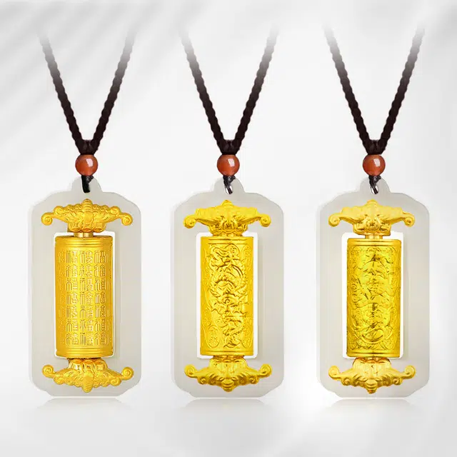 庆怡 时来运转百福转经筒 新中式国风复古本命年吉祥纳福龙凤柱 玉髓 玉石项链 通用