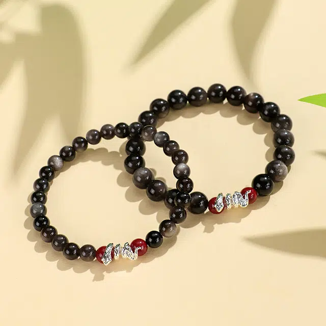 庆怡 祥瑞灵蛇 个性潮流创意百搭小众设计感本命年生肖蛇财运亨通好运 黑曜石 手串 男女同款情侣款