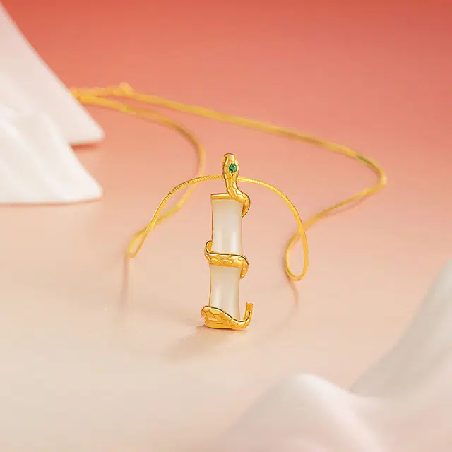 庆怡 灵蛇报竹 新中式国风本命年节节高升竹节生肖蛇转运百搭锁骨链#好运 和田玉项链 白玉 女款