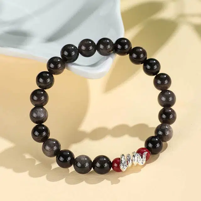 庆怡 祥瑞灵蛇 个性潮流创意百搭小众设计感本命年生肖蛇财运亨通好运 黑曜石 手串 男女同款情侣款