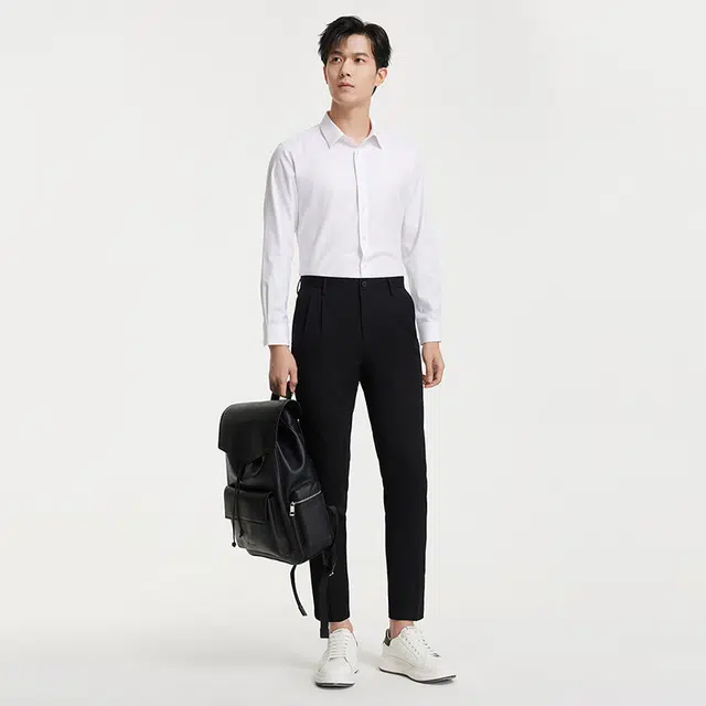 九牧王男裤专家 简约基础款大气高级感纯色尖领纽扣修身长袖衬衫 男款