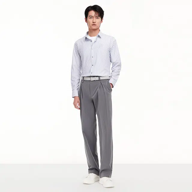 九牧王男裤专家 竖条纹基础百搭简约风针织舒适长袖职场通勤休闲衬衫 男款