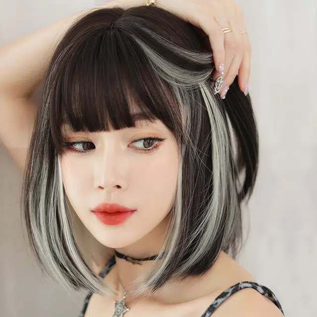 山一丸 网红挂耳染全头套圆脸齐刘海波波头内扣 假发 女款