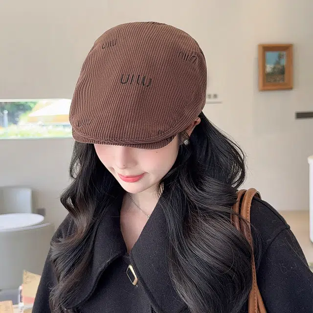 山一丸 灯芯绒秋冬反戴大头围显脸小复古气质 涤纶 贝雷帽 女款